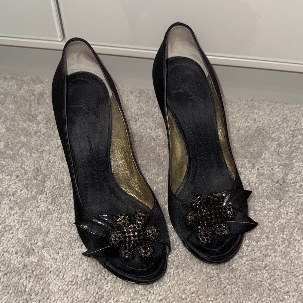 Authentic Giuseppe Zanotti Black Satin Heels with Swarovski flower